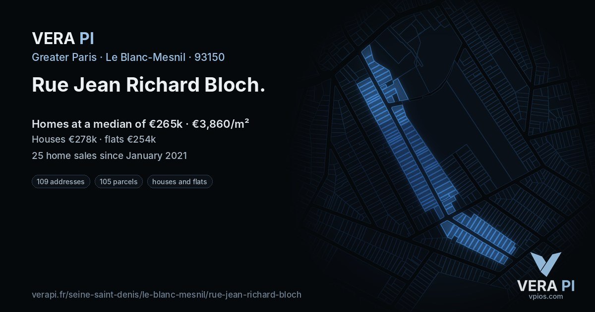 Rue Jean Richard Bloch, Le Blanc-Mesnil at night – every parcel coloured by the prices around it, the street's own parcels lit