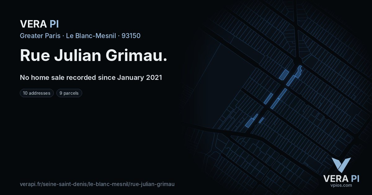 Rue Julian Grimau, Le Blanc-Mesnil at night – every parcel coloured by the prices around it, the street's own parcels lit