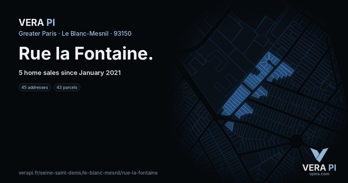 Rue la Fontaine, Le Blanc-Mesnil at night – every parcel coloured by the prices around it, the street's own parcels lit