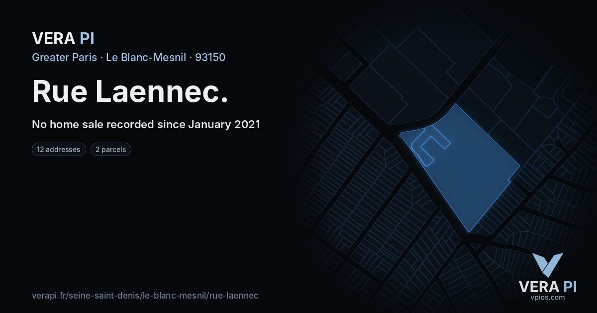 Rue Laennec, Le Blanc-Mesnil at night – every parcel coloured by the prices around it, the street's own parcels lit