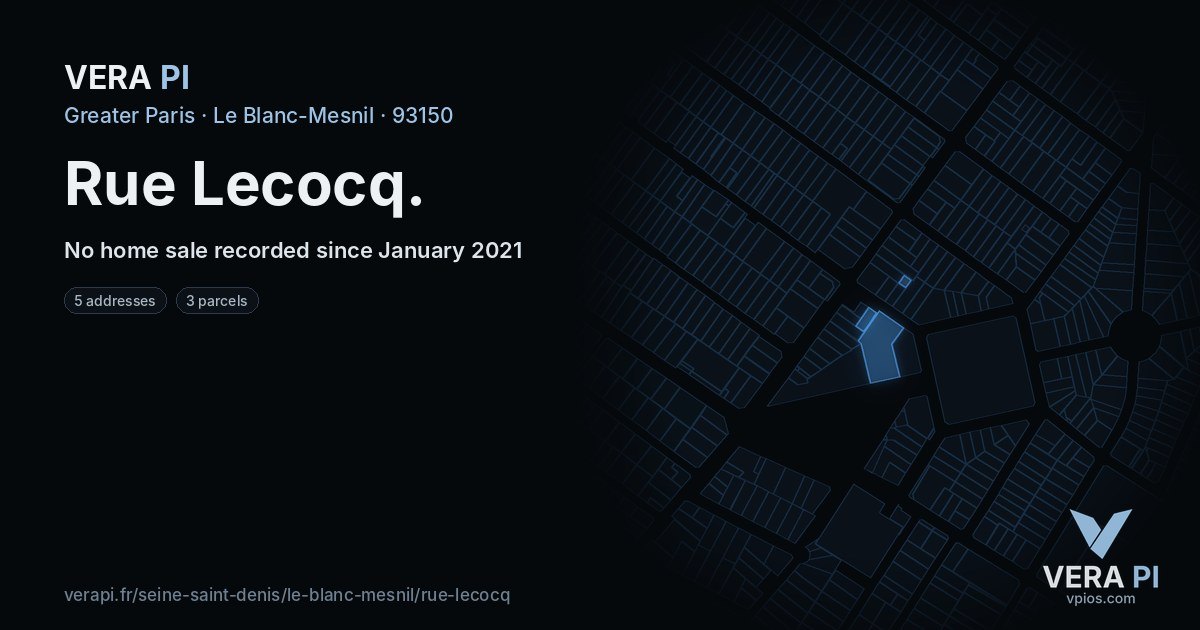 Rue Lecocq, Le Blanc-Mesnil at night – every parcel coloured by the prices around it, the street's own parcels lit