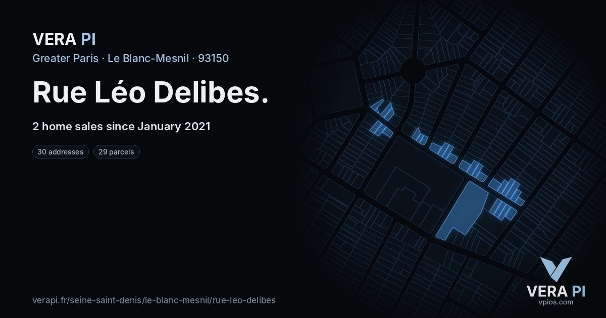 Rue Léo Delibes, Le Blanc-Mesnil at night – every parcel coloured by the prices around it, the street's own parcels lit