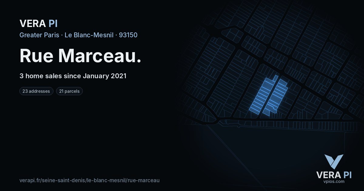 Rue Marceau, Le Blanc-Mesnil at night – every parcel coloured by the prices around it, the street's own parcels lit