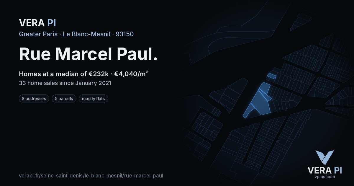 Rue Marcel Paul, Le Blanc-Mesnil at night – every parcel coloured by the prices around it, the street's own parcels lit