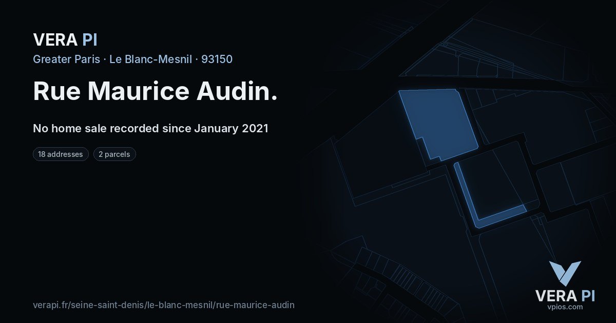 Rue Maurice Audin, Le Blanc-Mesnil at night – every parcel coloured by the prices around it, the street's own parcels lit