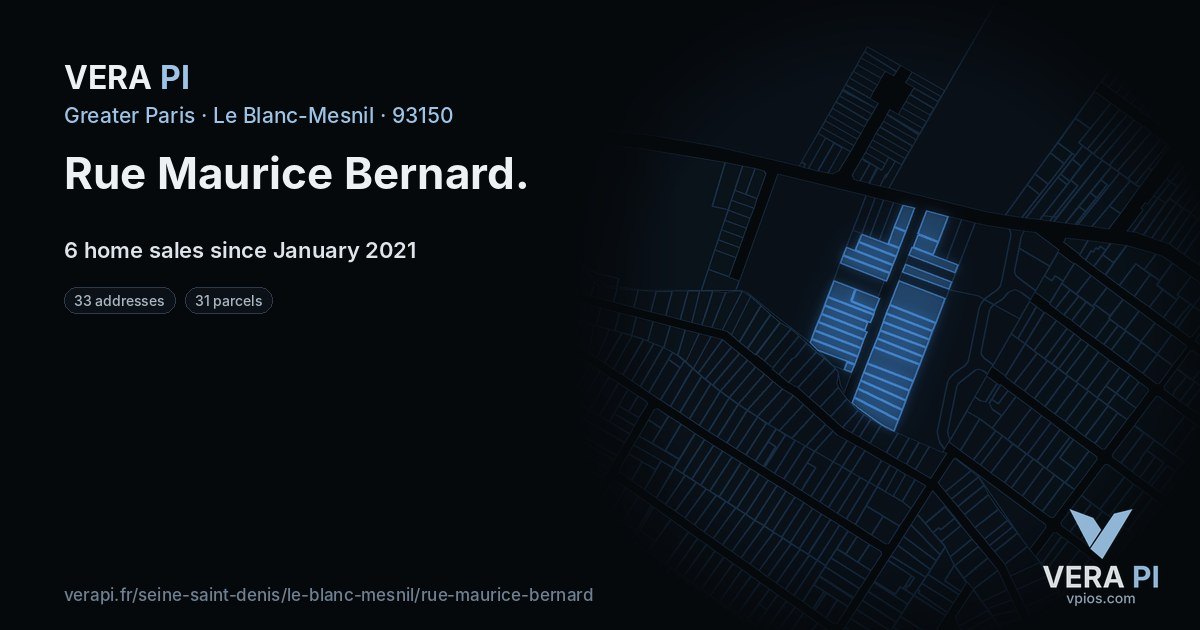 Rue Maurice Bernard, Le Blanc-Mesnil at night – every parcel coloured by the prices around it, the street's own parcels lit