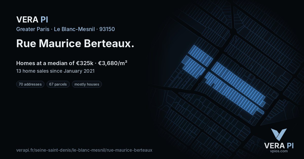 Rue Maurice Berteaux, Le Blanc-Mesnil at night – every parcel coloured by the prices around it, the street's own parcels lit
