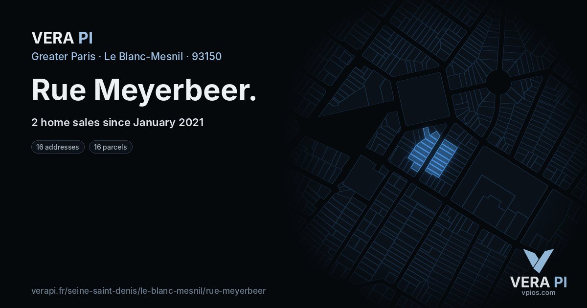 Rue Meyerbeer, Le Blanc-Mesnil at night – every parcel coloured by the prices around it, the street's own parcels lit