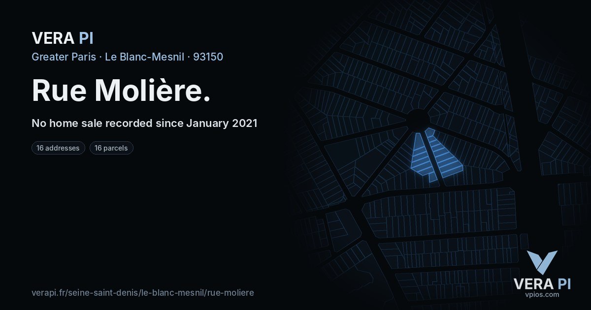 Rue Molière, Le Blanc-Mesnil at night – every parcel coloured by the prices around it, the street's own parcels lit