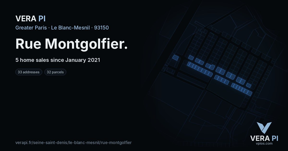 Rue Montgolfier, Le Blanc-Mesnil at night – every parcel coloured by the prices around it, the street's own parcels lit