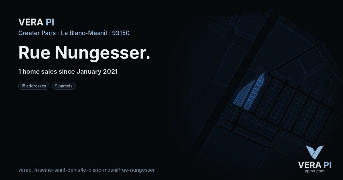 Rue Nungesser, Le Blanc-Mesnil at night – every parcel coloured by the prices around it, the street's own parcels lit
