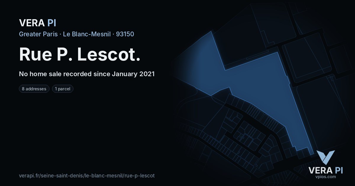 Rue P. Lescot, Le Blanc-Mesnil at night – every parcel coloured by the prices around it, the street's own parcels lit
