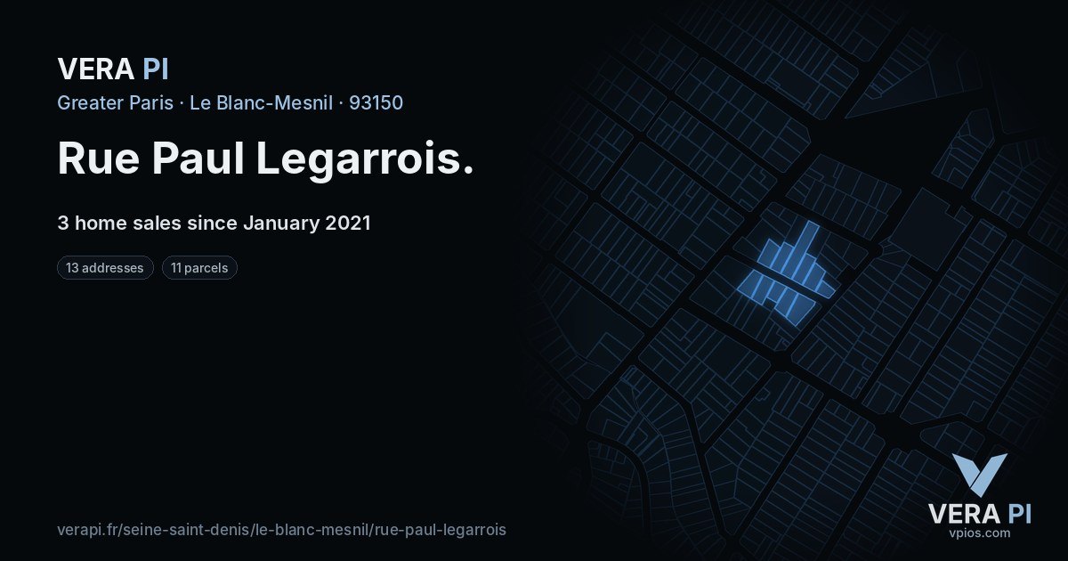 Rue Paul Legarrois, Le Blanc-Mesnil at night – every parcel coloured by the prices around it, the street's own parcels lit
