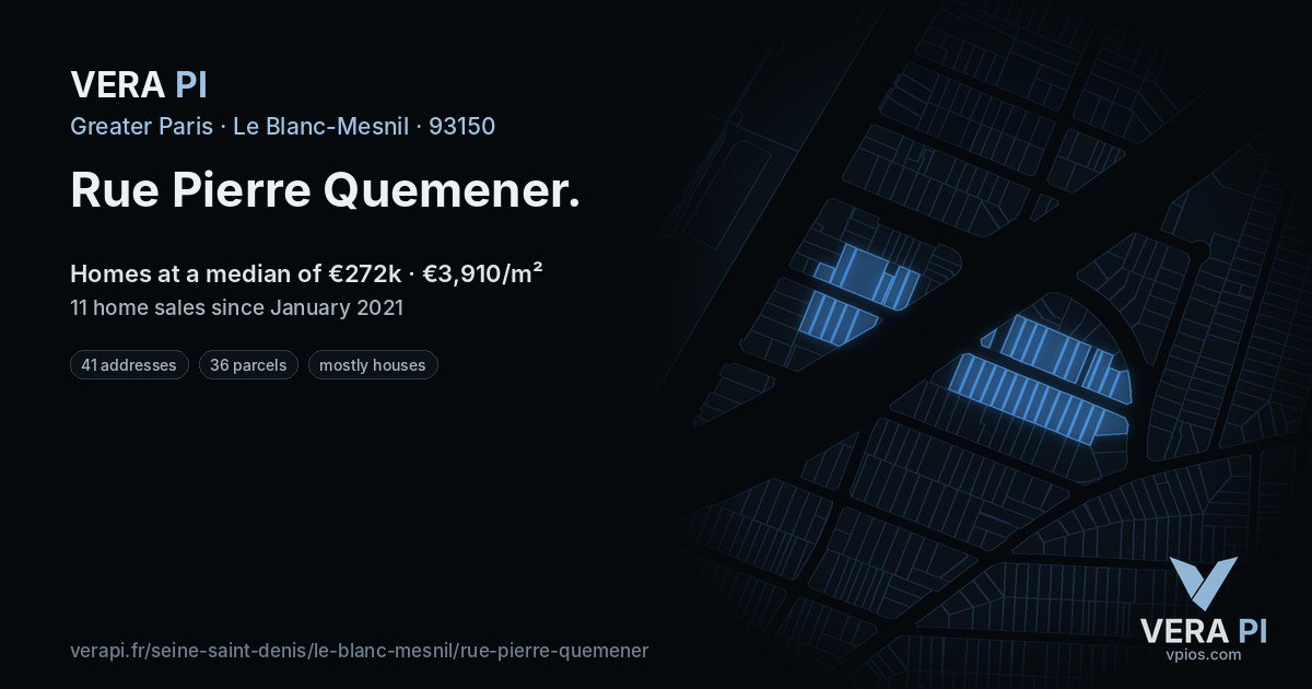 Rue Pierre Quemener, Le Blanc-Mesnil at night – every parcel coloured by the prices around it, the street's own parcels lit