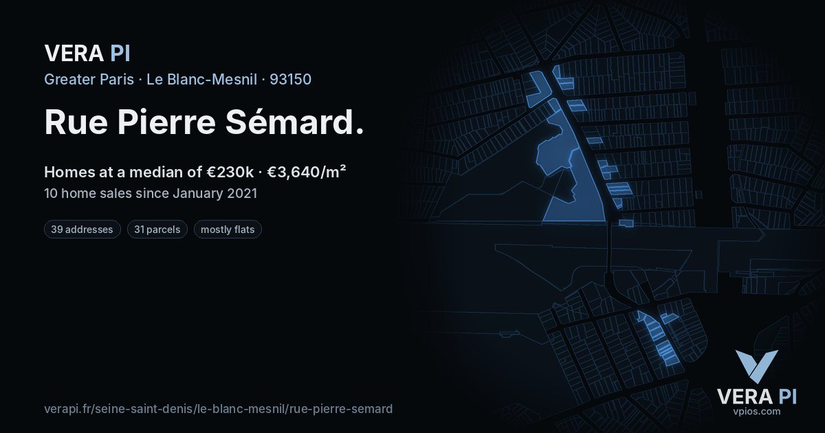 Rue Pierre Sémard, Le Blanc-Mesnil at night – every parcel coloured by the prices around it, the street's own parcels lit