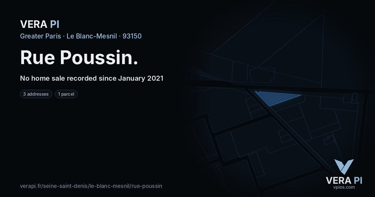 Rue Poussin, Le Blanc-Mesnil at night – every parcel coloured by the prices around it, the street's own parcels lit