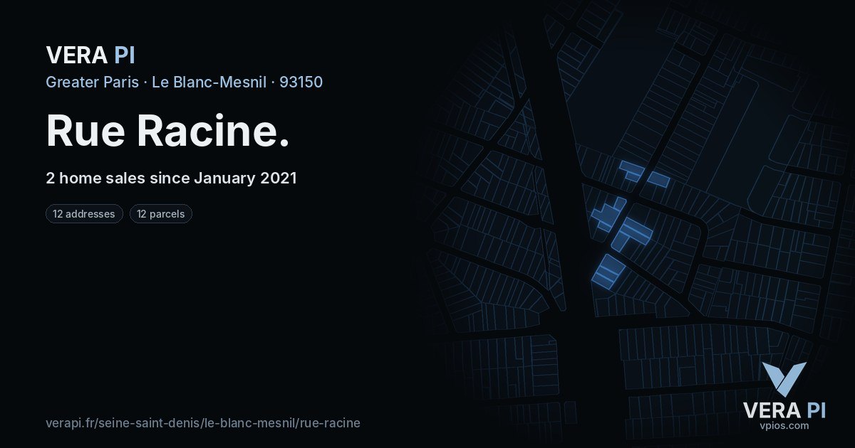 Rue Racine, Le Blanc-Mesnil at night – every parcel coloured by the prices around it, the street's own parcels lit