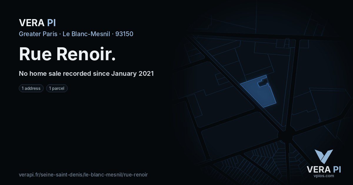 Rue Renoir, Le Blanc-Mesnil at night – every parcel coloured by the prices around it, the street's own parcels lit