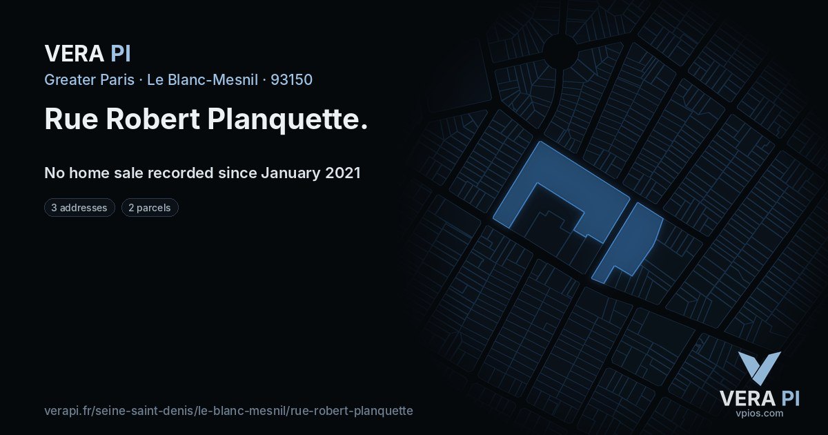 Rue Robert Planquette, Le Blanc-Mesnil at night – every parcel coloured by the prices around it, the street's own parcels lit