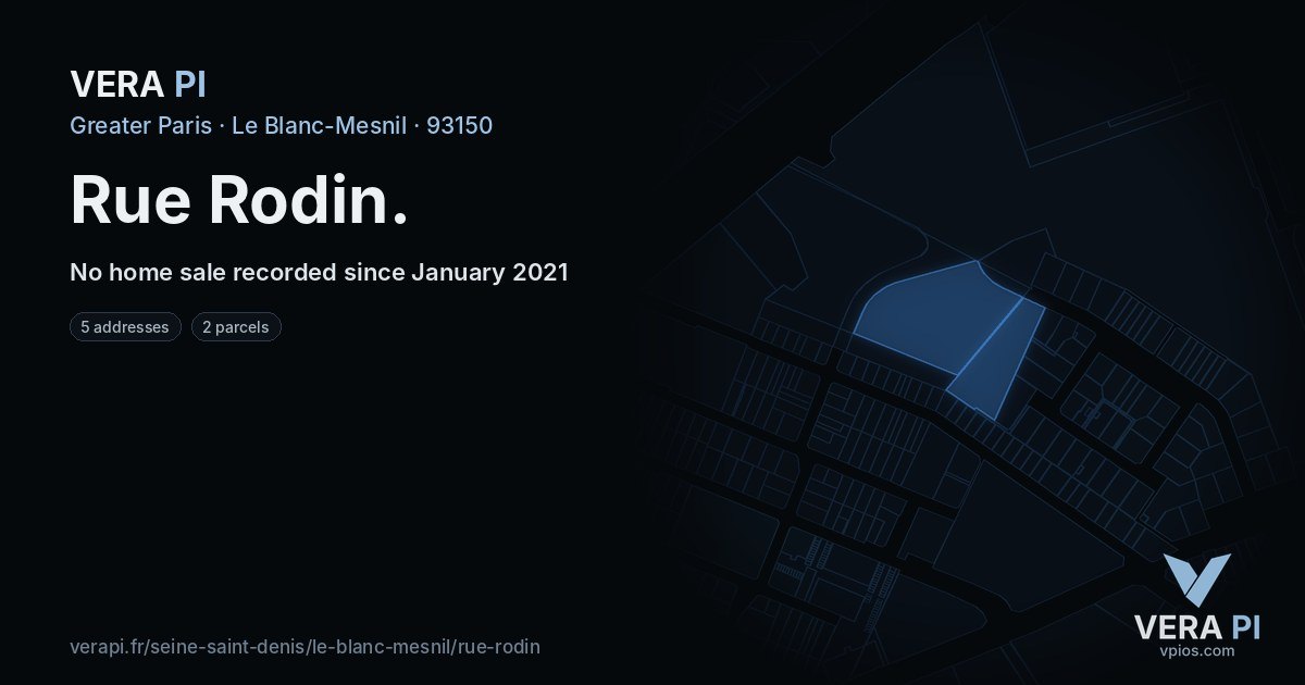 Rue Rodin, Le Blanc-Mesnil at night – every parcel coloured by the prices around it, the street's own parcels lit