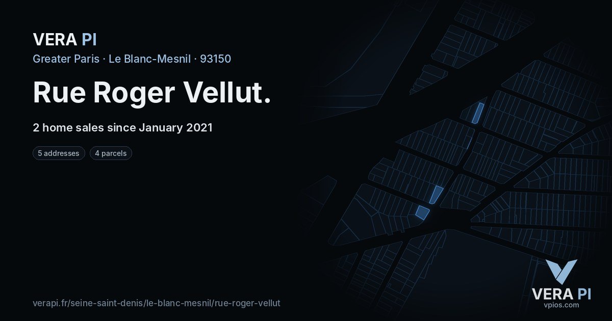 Rue Roger Vellut, Le Blanc-Mesnil at night – every parcel coloured by the prices around it, the street's own parcels lit