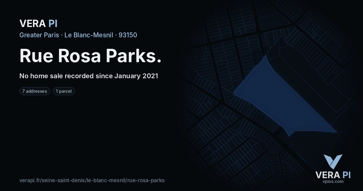 Rue Rosa Parks, Le Blanc-Mesnil at night – every parcel coloured by the prices around it, the street's own parcels lit