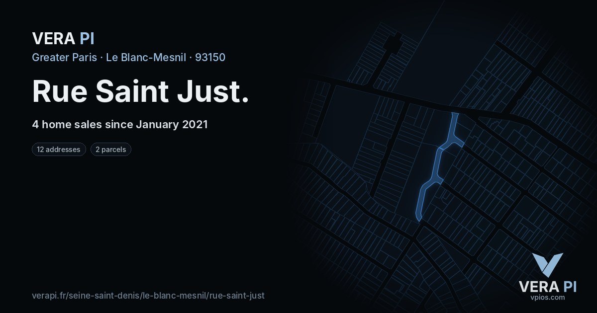 Rue Saint Just, Le Blanc-Mesnil at night – every parcel coloured by the prices around it, the street's own parcels lit