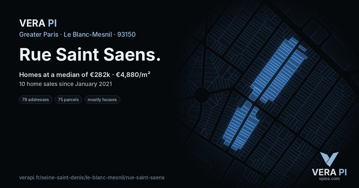 Rue Saint Saens, Le Blanc-Mesnil at night – every parcel coloured by the prices around it, the street's own parcels lit