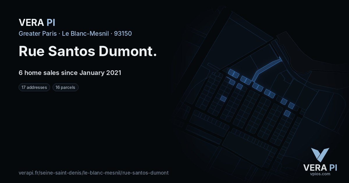 Rue Santos Dumont, Le Blanc-Mesnil at night – every parcel coloured by the prices around it, the street's own parcels lit