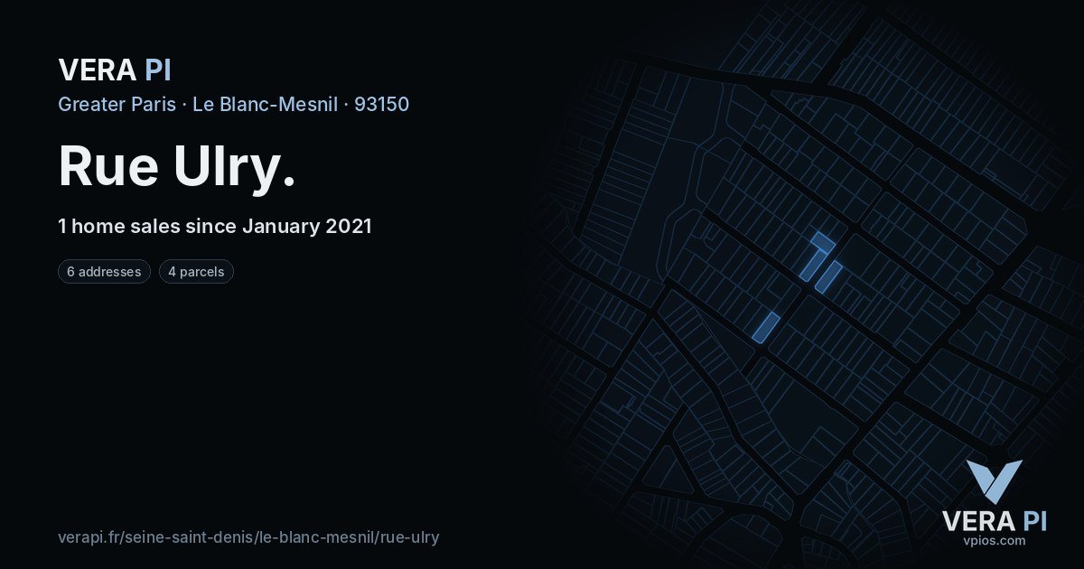 Rue Ulry, Le Blanc-Mesnil at night – every parcel coloured by the prices around it, the street's own parcels lit