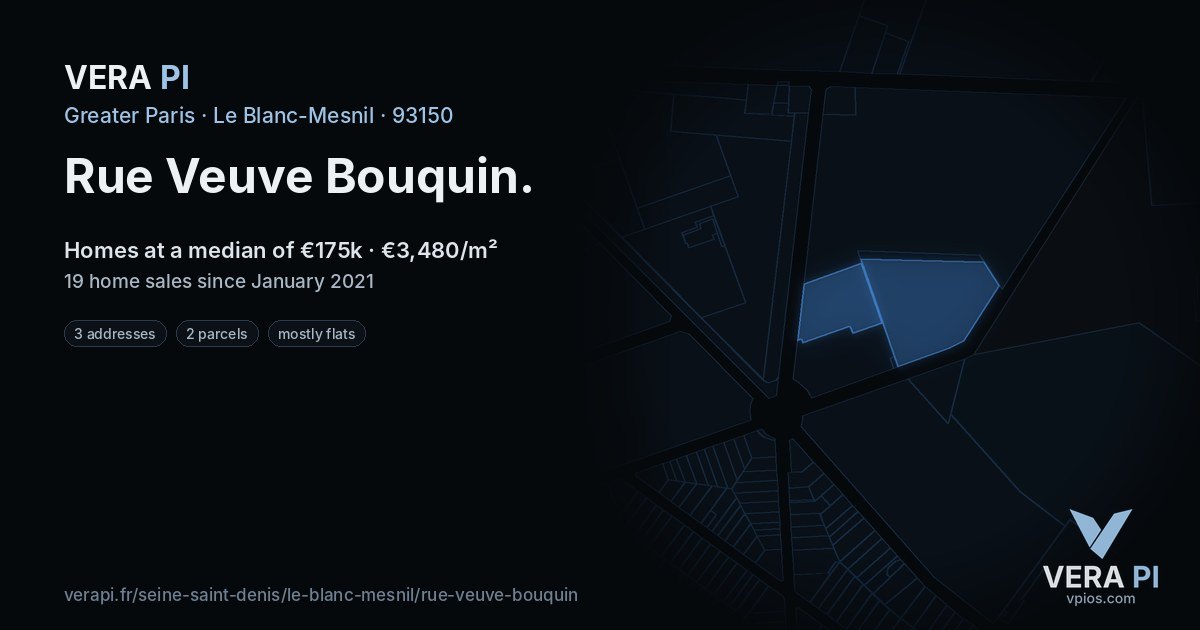 Rue Veuve Bouquin, Le Blanc-Mesnil at night – every parcel coloured by the prices around it, the street's own parcels lit