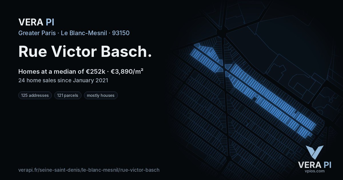 Rue Victor Basch, Le Blanc-Mesnil at night – every parcel coloured by the prices around it, the street's own parcels lit