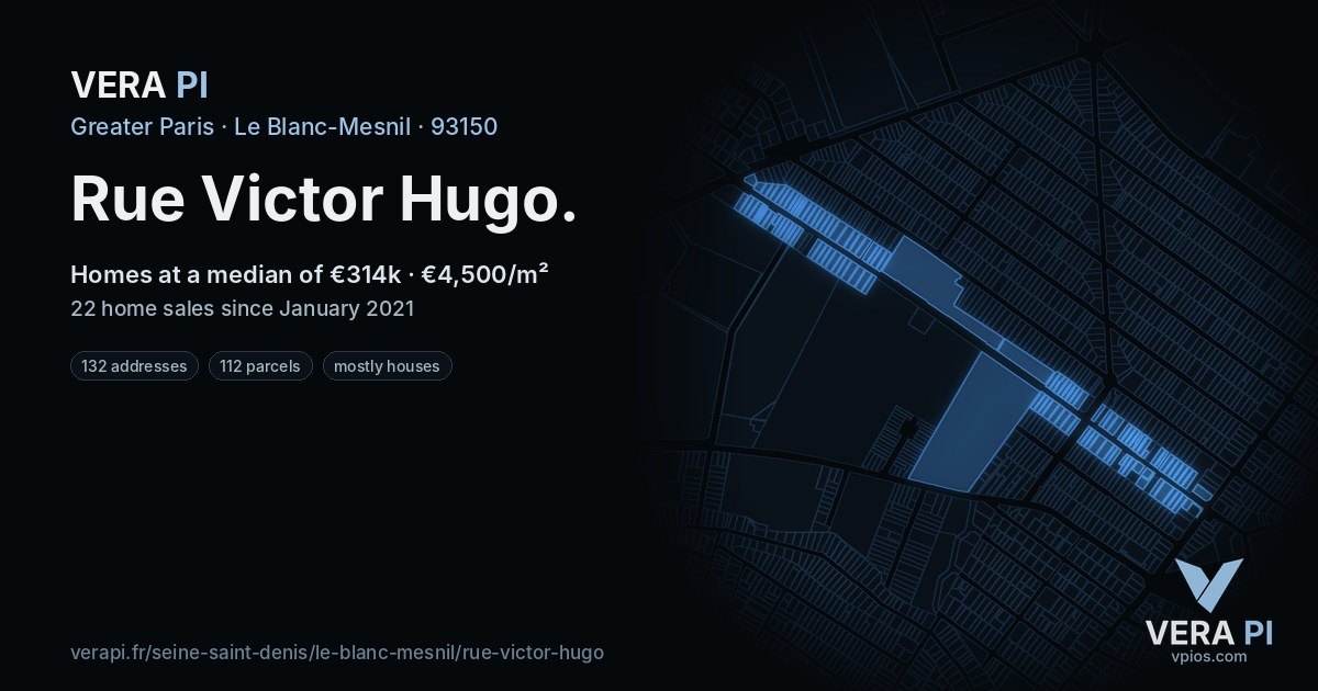 Rue Victor Hugo, Le Blanc-Mesnil at night – every parcel coloured by the prices around it, the street's own parcels lit