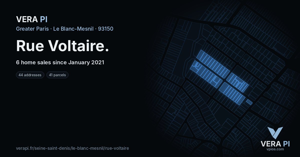 Rue Voltaire, Le Blanc-Mesnil at night – every parcel coloured by the prices around it, the street's own parcels lit