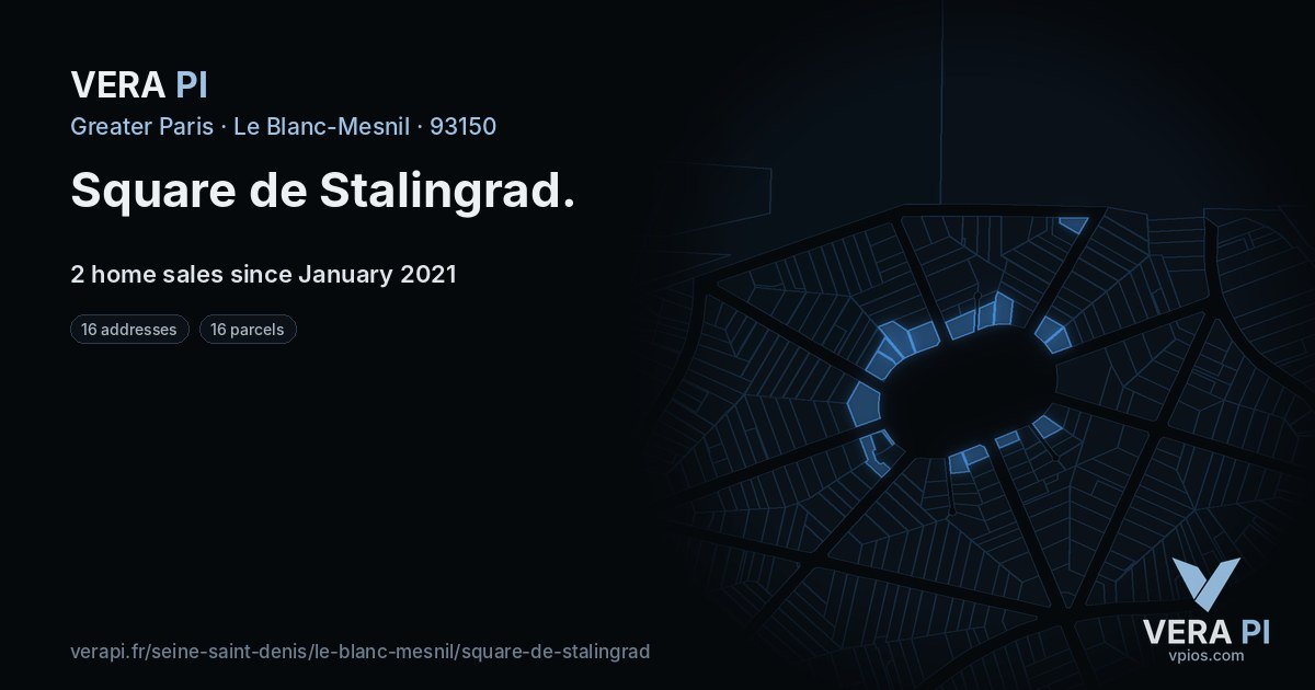 Square de Stalingrad, Le Blanc-Mesnil at night – every parcel coloured by the prices around it, the street's own parcels lit