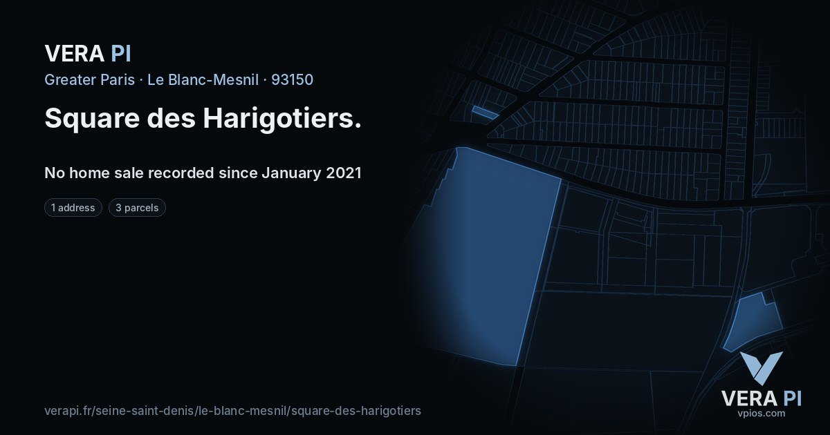Square des Harigotiers, Le Blanc-Mesnil at night – every parcel coloured by the prices around it, the street's own parcels lit