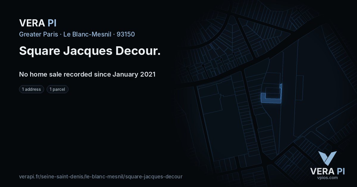 Square Jacques Decour, Le Blanc-Mesnil at night – every parcel coloured by the prices around it, the street's own parcels lit