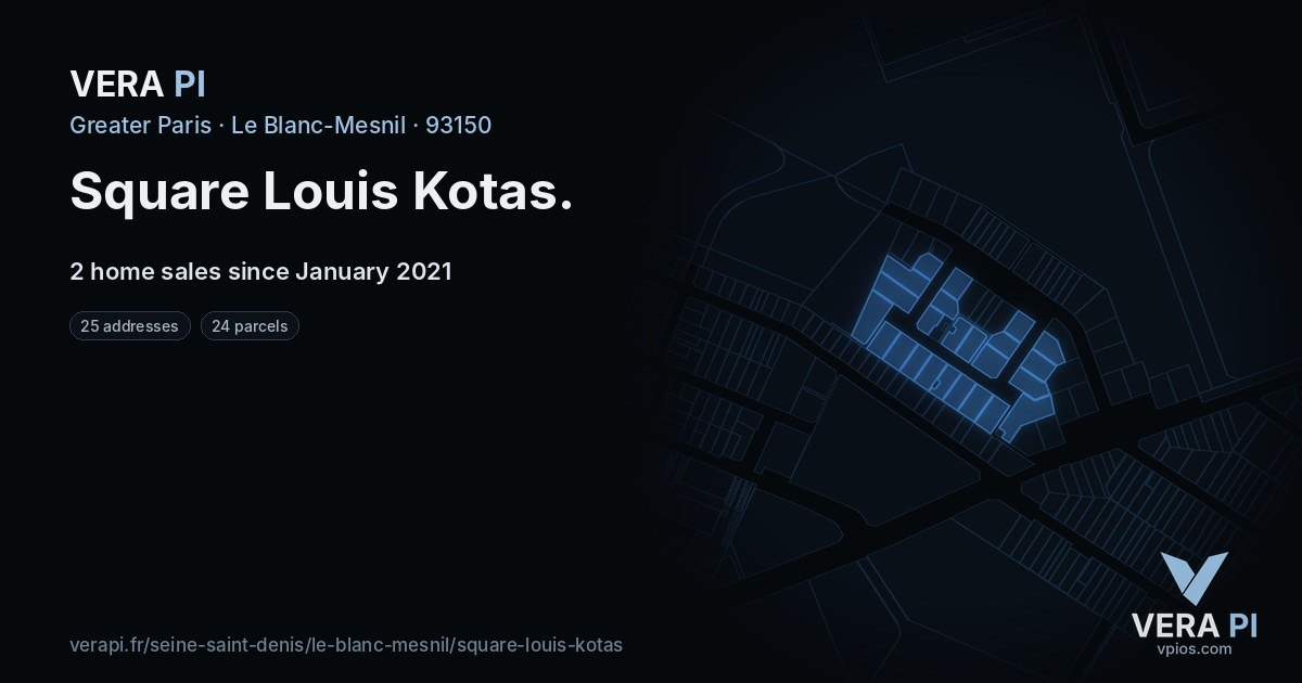 Square Louis Kotas, Le Blanc-Mesnil at night – every parcel coloured by the prices around it, the street's own parcels lit
