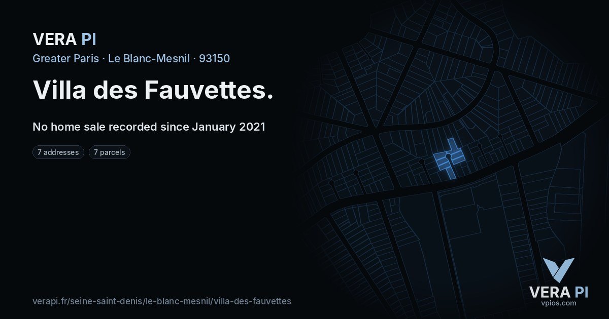 Villa des Fauvettes, Le Blanc-Mesnil at night – every parcel coloured by the prices around it, the street's own parcels lit