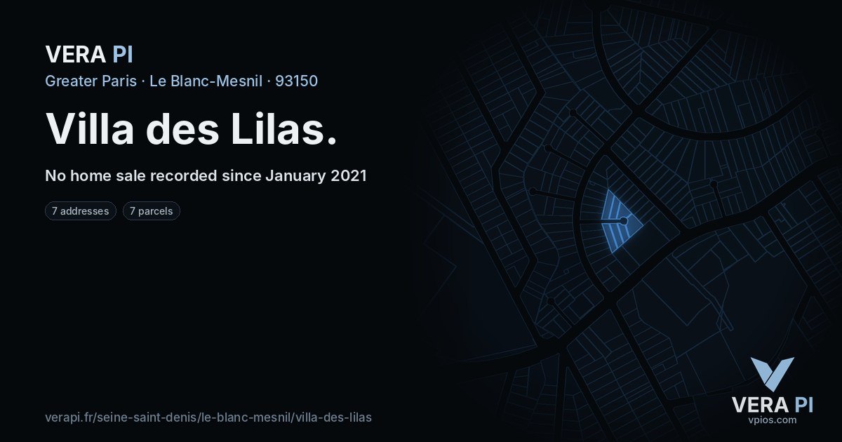 Villa des Lilas, Le Blanc-Mesnil at night – every parcel coloured by the prices around it, the street's own parcels lit