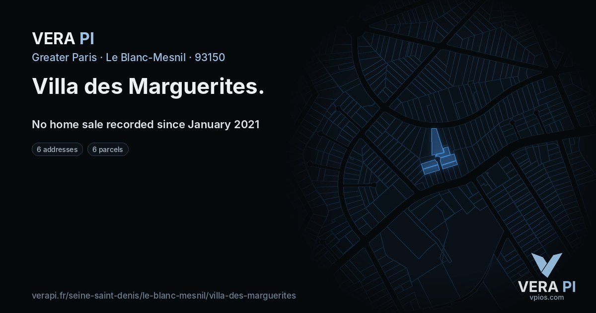 Villa des Marguerites, Le Blanc-Mesnil at night – every parcel coloured by the prices around it, the street's own parcels lit