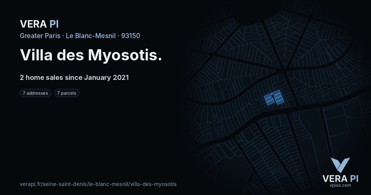 Villa des Myosotis, Le Blanc-Mesnil at night – every parcel coloured by the prices around it, the street's own parcels lit