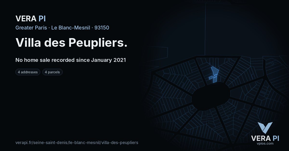 Villa des Peupliers, Le Blanc-Mesnil at night – every parcel coloured by the prices around it, the street's own parcels lit