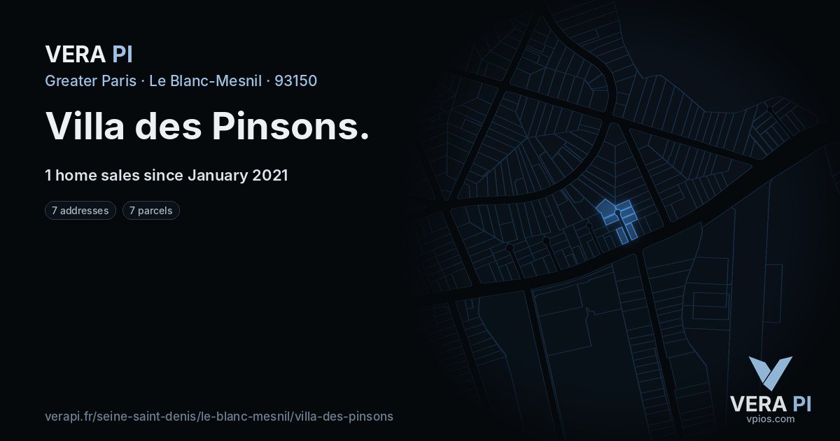 Villa des Pinsons, Le Blanc-Mesnil at night – every parcel coloured by the prices around it, the street's own parcels lit
