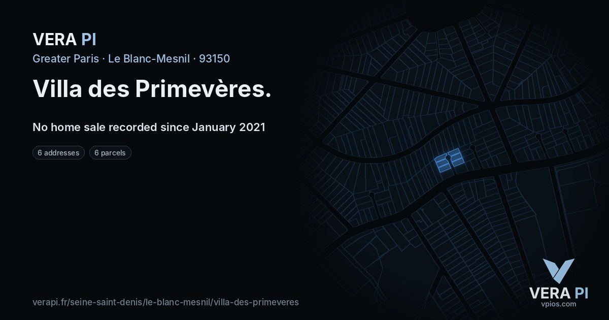 Villa des Primevères, Le Blanc-Mesnil at night – every parcel coloured by the prices around it, the street's own parcels lit