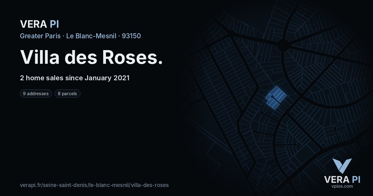 Villa des Roses, Le Blanc-Mesnil at night – every parcel coloured by the prices around it, the street's own parcels lit