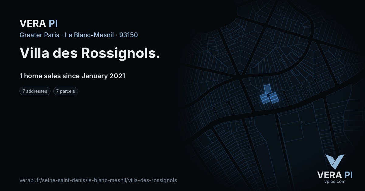 Villa des Rossignols, Le Blanc-Mesnil at night – every parcel coloured by the prices around it, the street's own parcels lit
