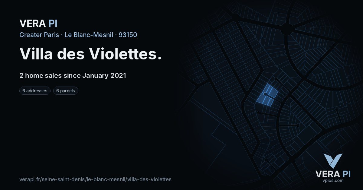 Villa des Violettes, Le Blanc-Mesnil at night – every parcel coloured by the prices around it, the street's own parcels lit