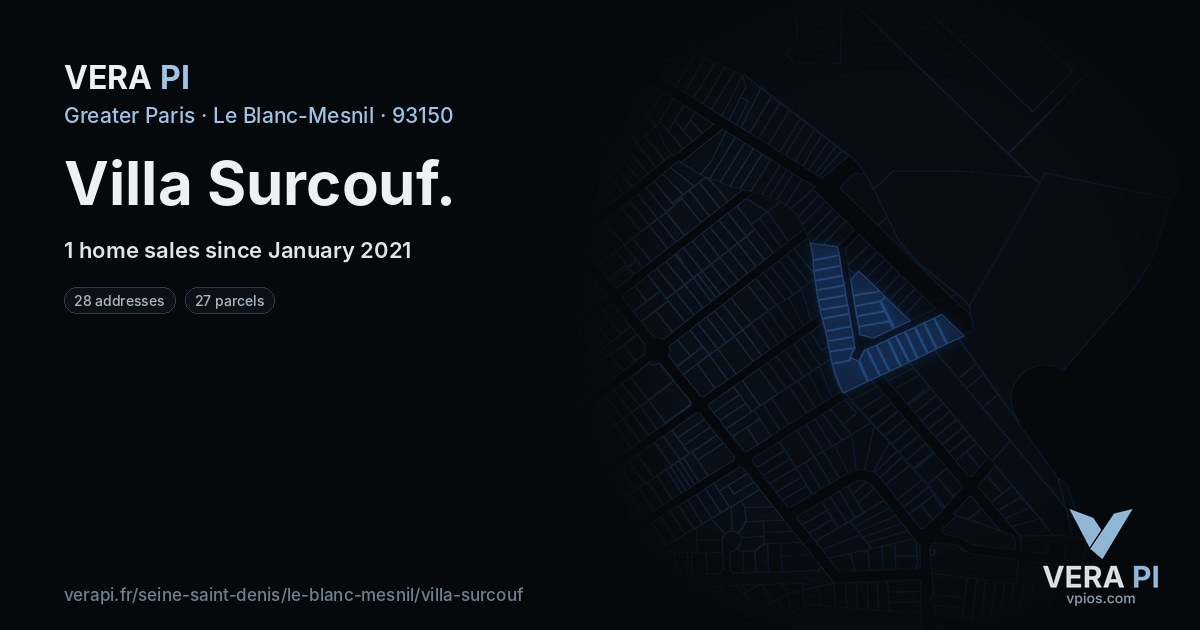 Villa Surcouf, Le Blanc-Mesnil at night – every parcel coloured by the prices around it, the street's own parcels lit