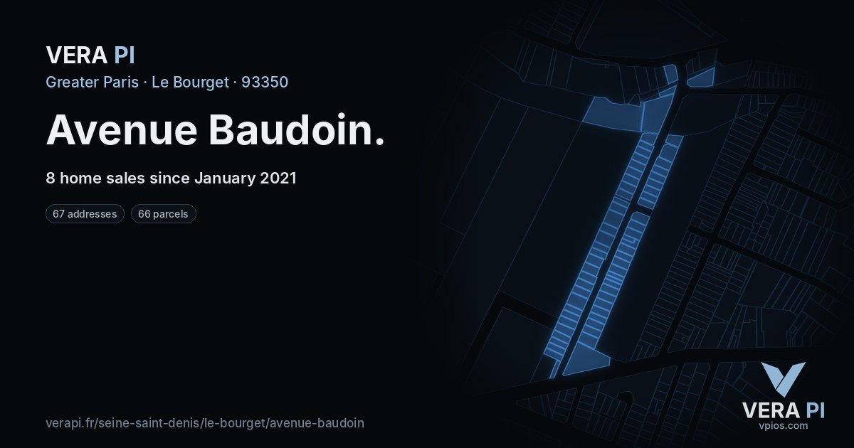 Avenue Baudoin, Le Bourget at night – every parcel coloured by the prices around it, the street's own parcels lit
